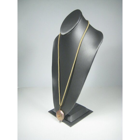 Vintage Lotus Floral Enamel Pendant Necklace 28 inch Goldtone Braided Cord - Picture 11 of 13